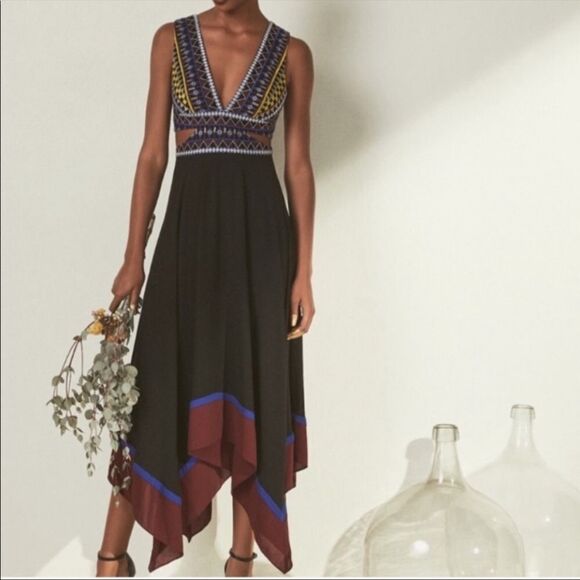 BCBGMaxAzria Boho Embroidered Handkerchief Midi Dress Black 0 - Picture 4 of 13